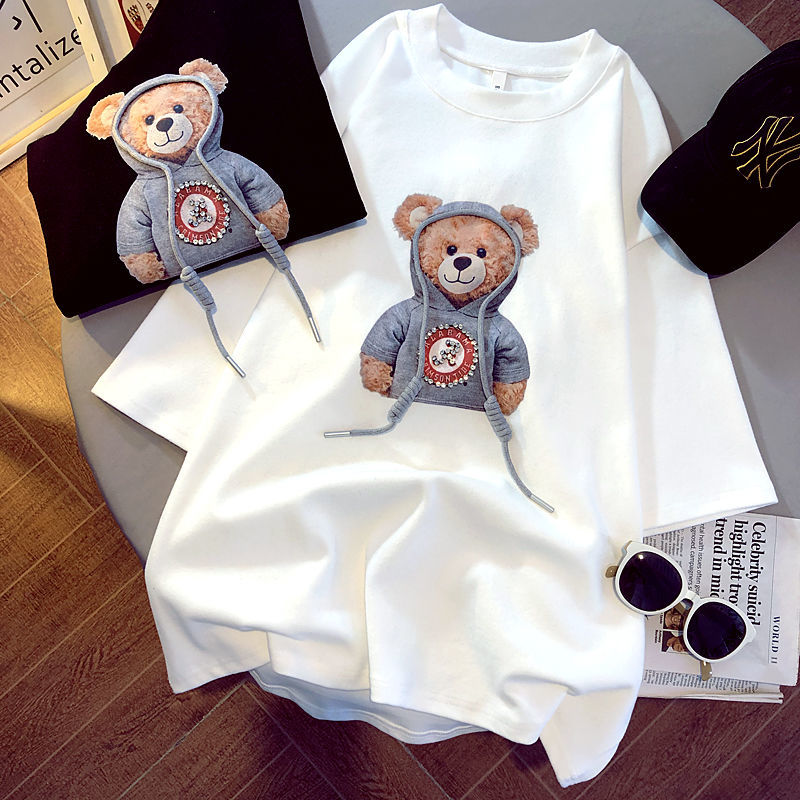 300 Jin bear short-sleeved t-shirt female fat MM summer plus size women's clothing 200 loose trendy brand ins260 half-sleeved top