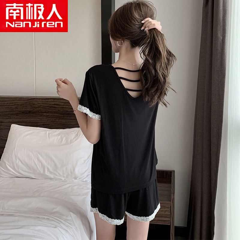 莫代爾睡衣女夏季套裝寬鬆大碼胖MM200斤性感美背家居服夏天薄款
