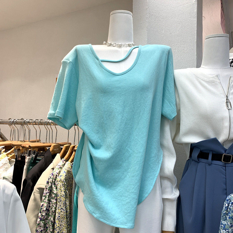 Short-sleeved t-shirt women's summer 2021 new Korean version of ins tide hem arc slit design sense niche loose top