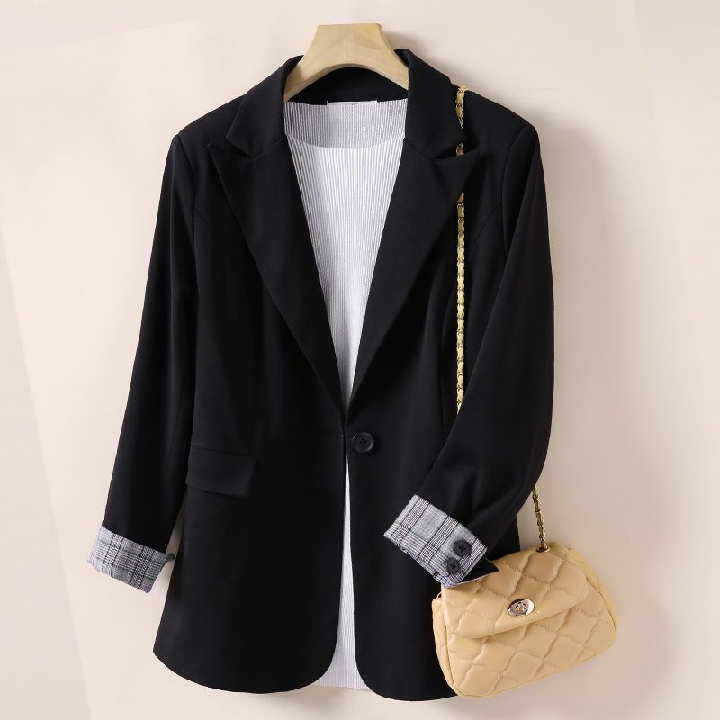 Spring and Autumn New Style Black Small Suit Jacket Female Korean Style British Style Internet Celebrity Same Style Casual Long-sleeved Mid-length Suit