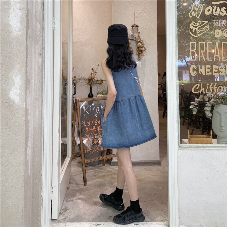 French retro small denim strap skirt women's summer  new all-match slim V-neck small dress