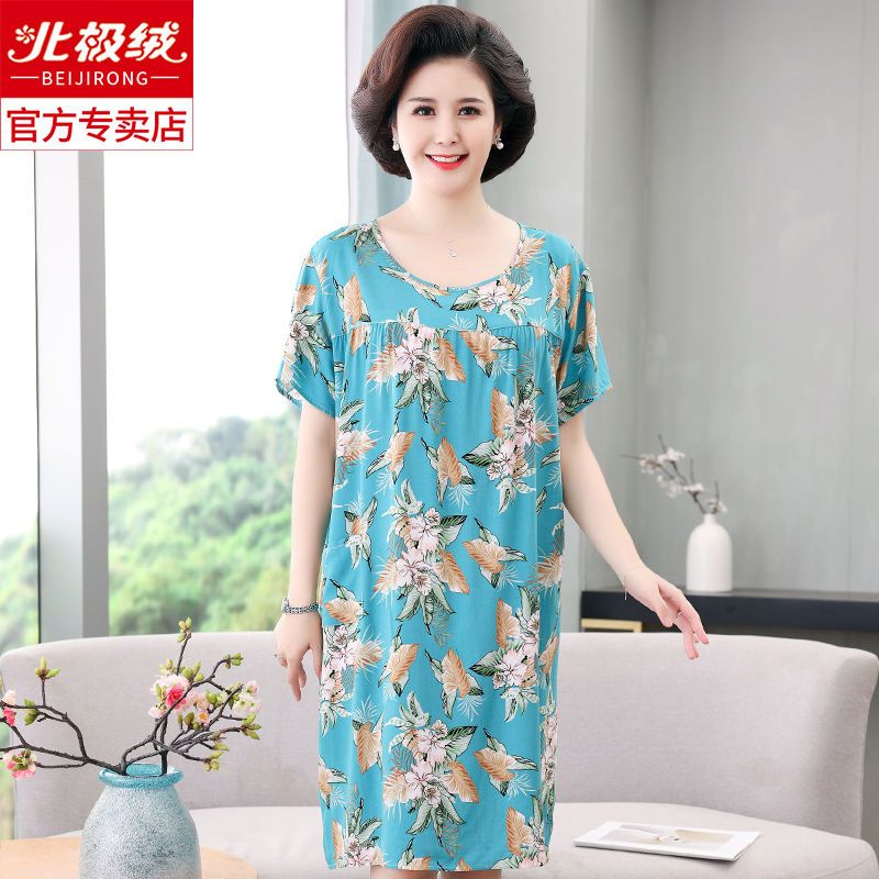 Arctic fleece middle-aged and elderly cotton silk nightdress women's summer loose large size mid-length short-sleeved dress home service pajamas