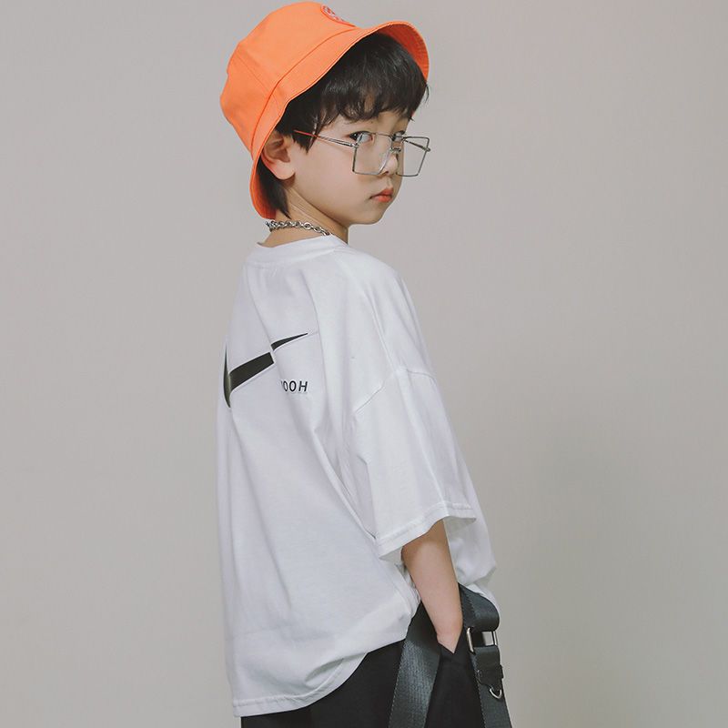 兒童裝2023夏裝新款潮牌寬鬆男童短袖純棉t恤白色夏季上衣服男孩