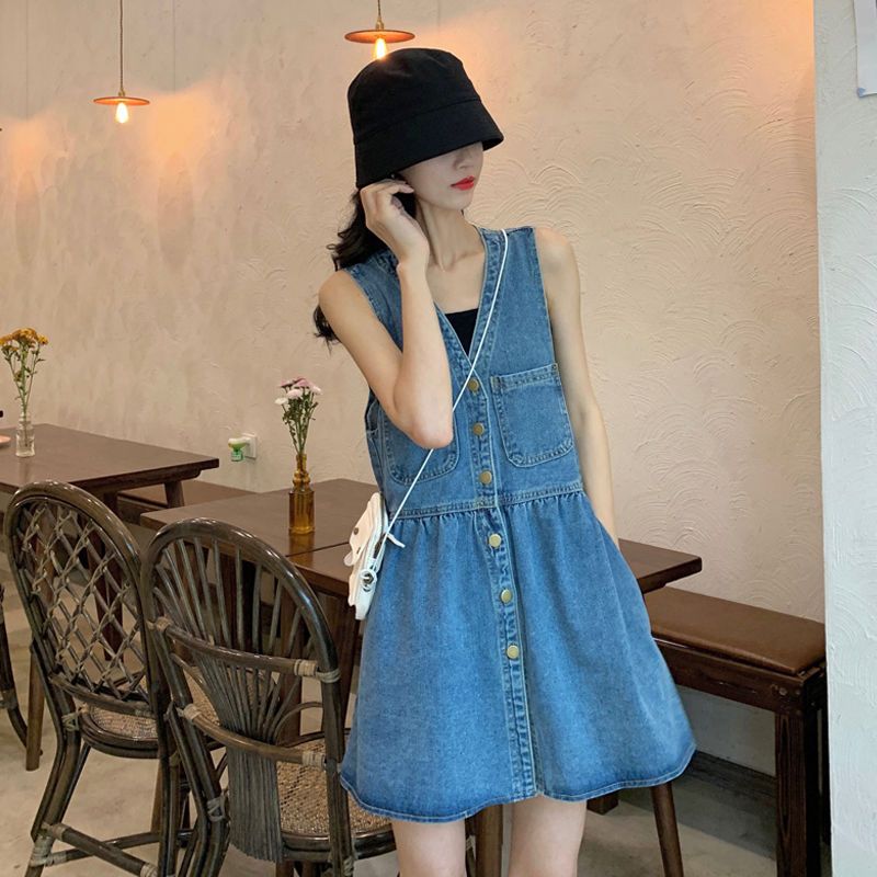 French retro small denim strap skirt women's summer  new all-match slim V-neck small dress