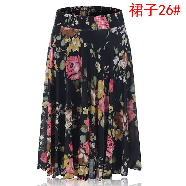 Middle-aged and elderly people's skirt thin section pattern skirt summer mother's dress slim skirt square dance ice silk skirt
