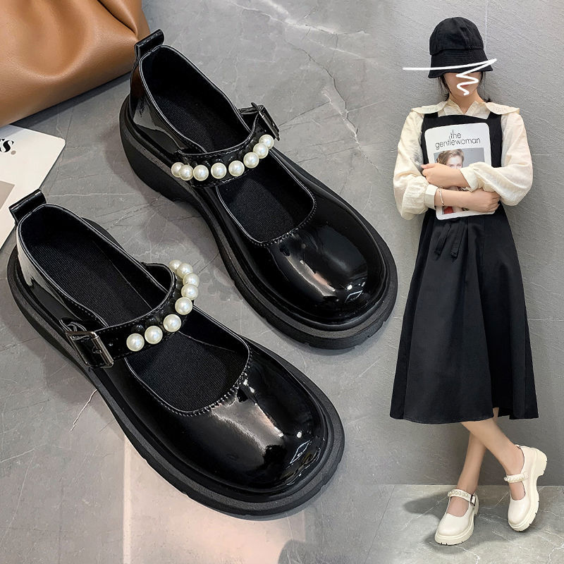 法式復古英倫風小皮鞋女2021春新款珍珠仙女一字帶厚底瑪麗珍單鞋