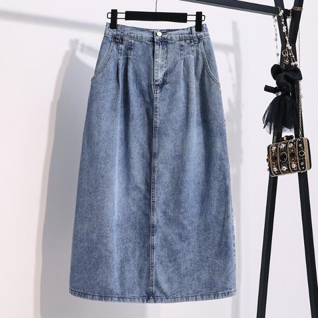 Large size half-length denim skirt elastic high waist mid-length slim loose casual rear slit all-match A-line straight skirt