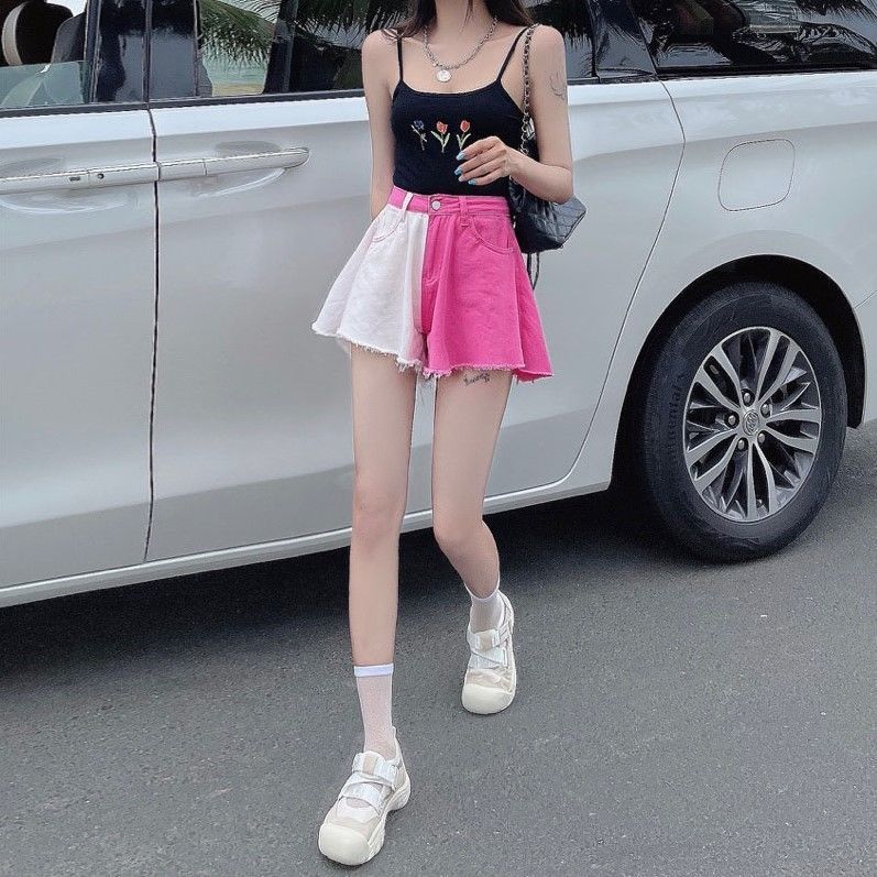 泫雅风拼色高腰牛仔裤夏季女款热裤裙裤辣妹穿搭显瘦阔腿a字短裤【12