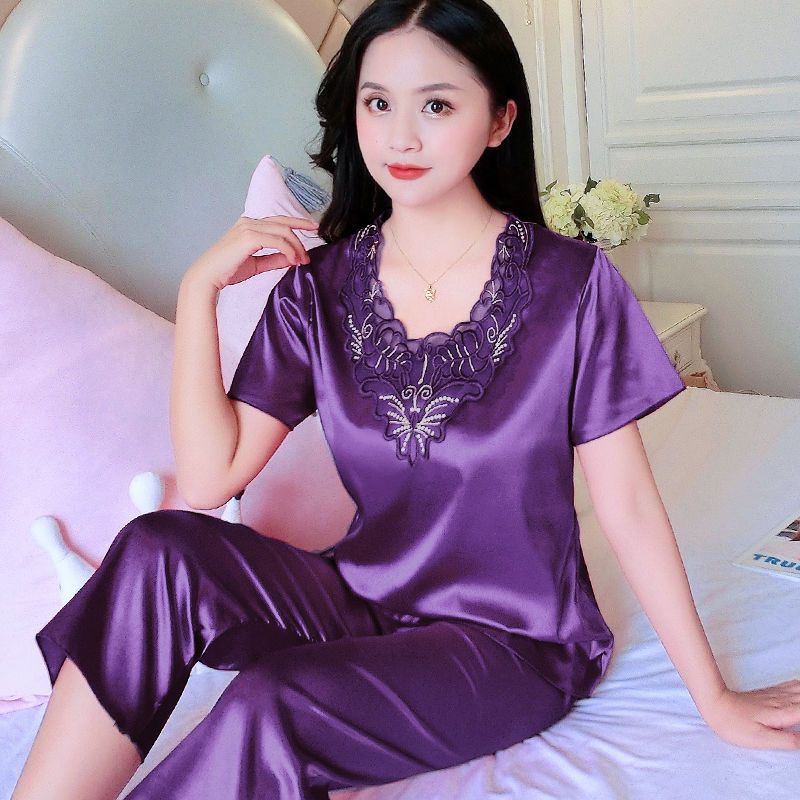 Large size silk pajamas women's spring and autumn long-sleeved trousers ice silk pajamas women's summer short-sleeved nine-point pants two-piece home service
