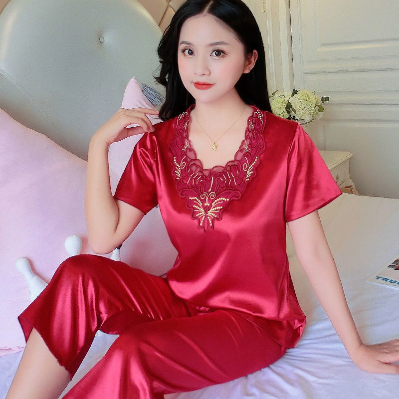 Large size silk pajamas women's spring and autumn long-sleeved trousers ice silk pajamas women's summer short-sleeved nine-point pants two-piece home service