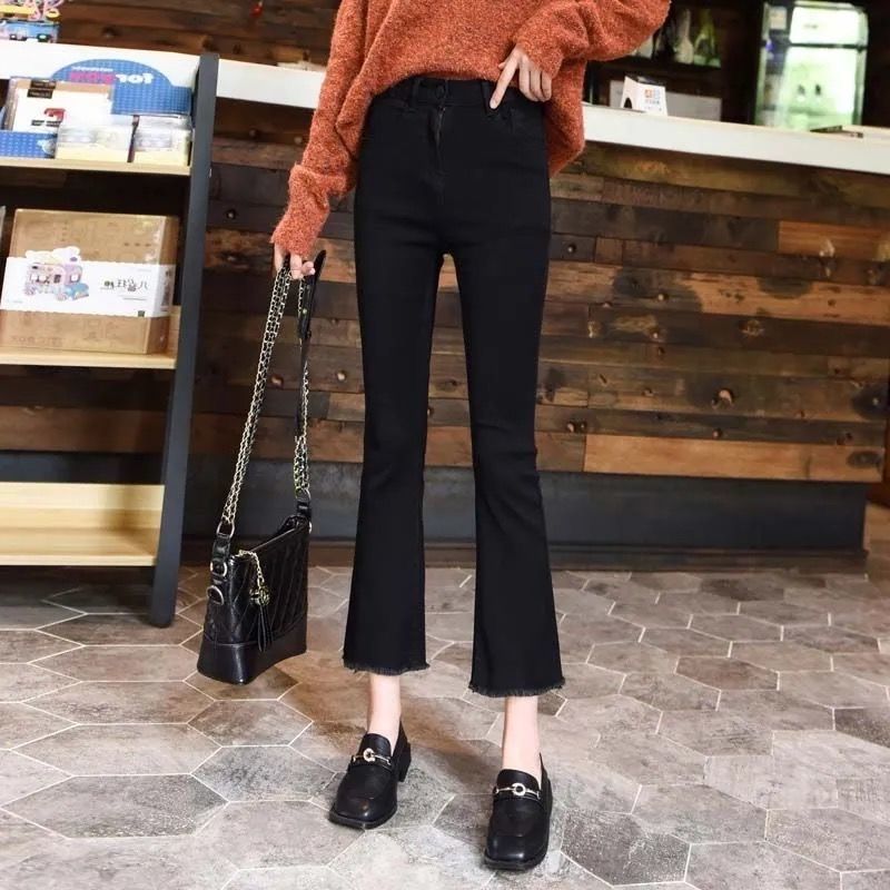 Black flared jeans women's high waist spring and autumn  new style thin loose straight eight minutes nine minutes small