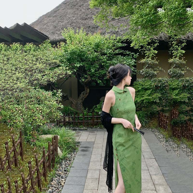 2023夏季司藤同款空葉古典空靈森林綠夏季修身改良旗袍 長/短款女