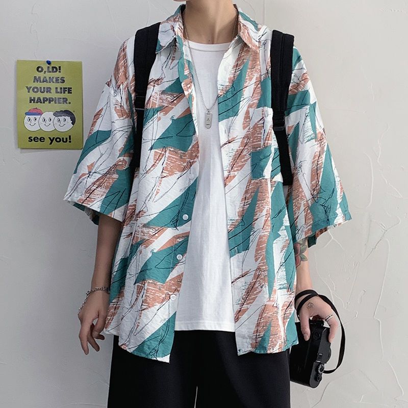 Summer thin ins short-sleeved shirt men's all-match trendy handsome Hong Kong style Japanese tide brand loose five-quarter sleeve jacket