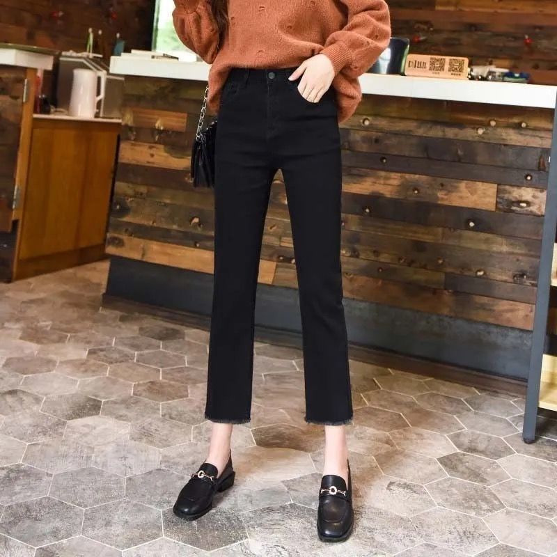 Black flared jeans women's high waist spring and autumn  new style thin loose straight eight minutes nine minutes small
