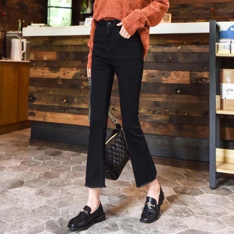 Black flared jeans women's high waist spring and autumn  new style thin loose straight eight minutes nine minutes small