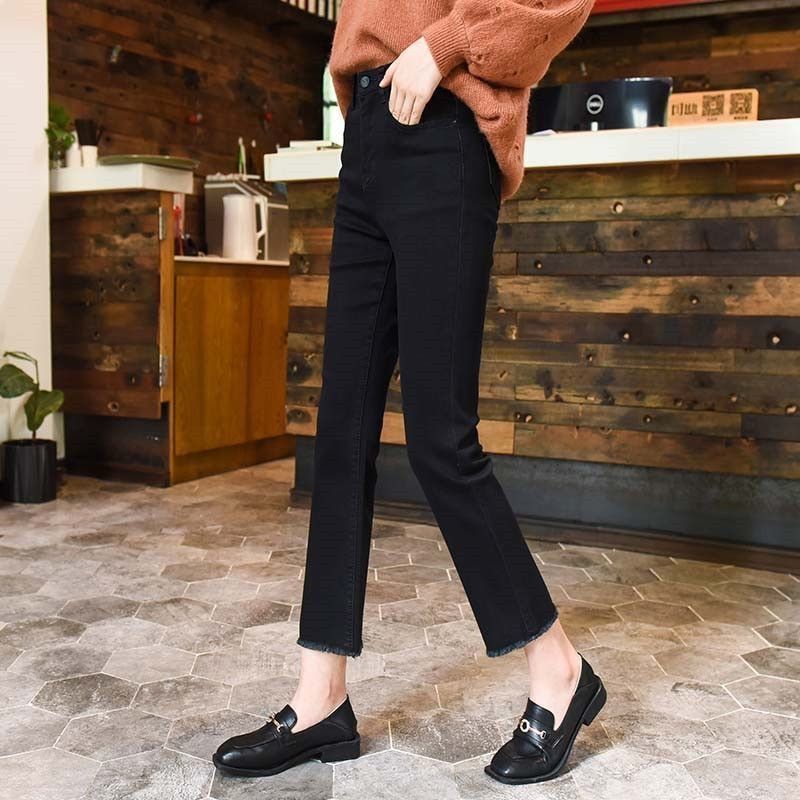 Black flared jeans women's high waist spring and autumn  new style thin loose straight eight minutes nine minutes small