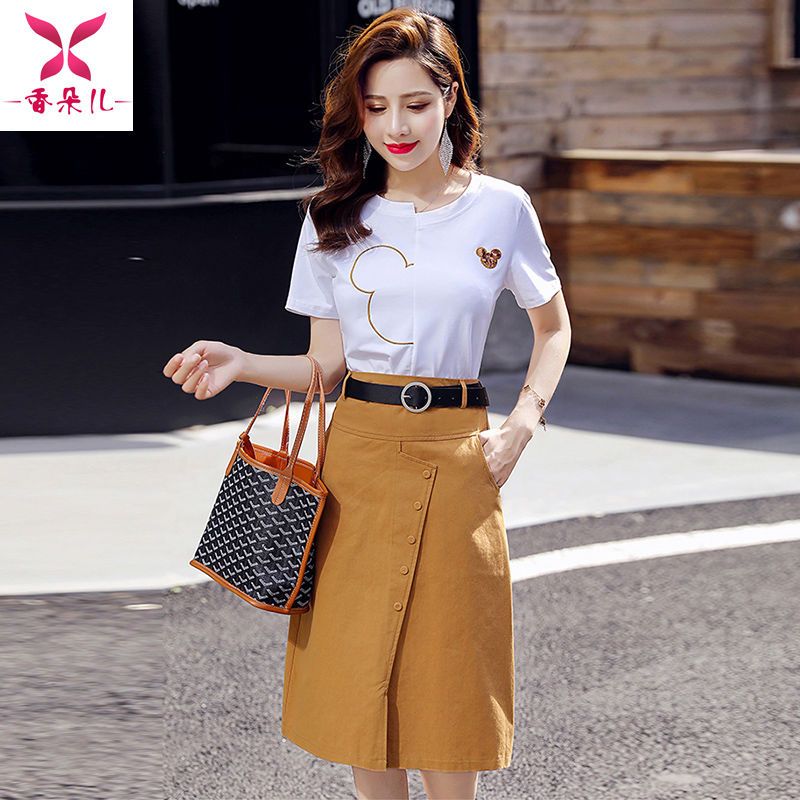 95 cotton T-shirt/set temperament dress female 2023 summer new Korean version slim western style skirt two-piece set