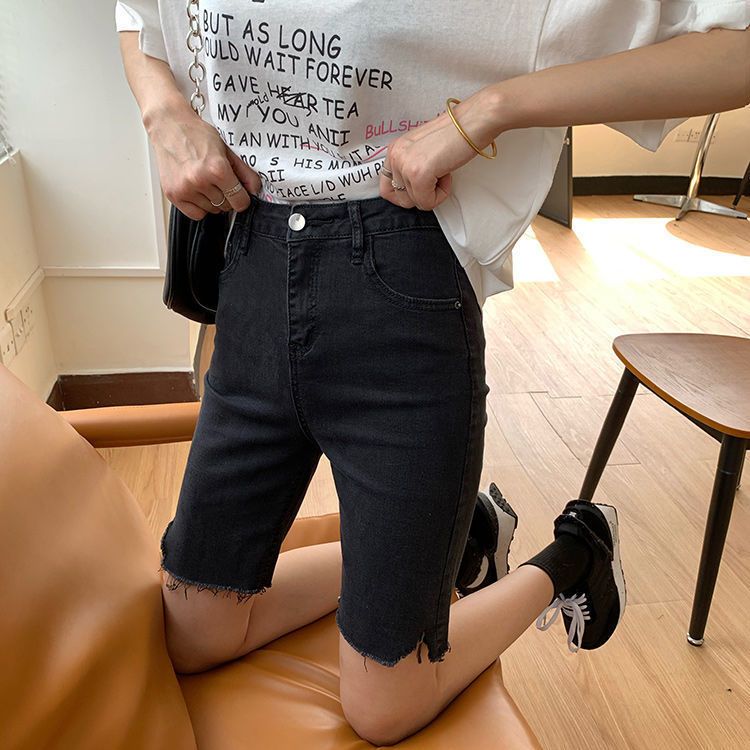 夏季牛仔短裤女新款ins设计感小众五分骑行裤高腰直筒显瘦中裤子