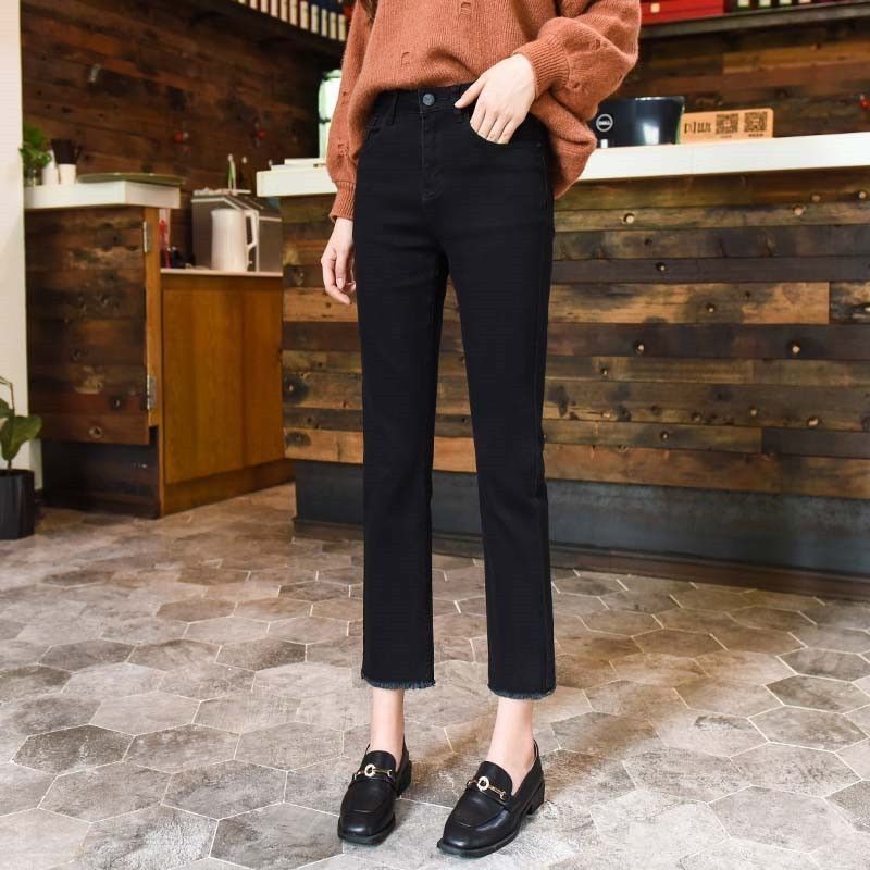 Black flared jeans women's high waist spring and autumn  new style thin loose straight eight minutes nine minutes small