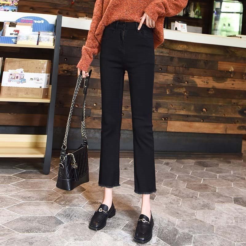 Black flared jeans women's high waist spring and autumn  new style thin loose straight eight minutes nine minutes small