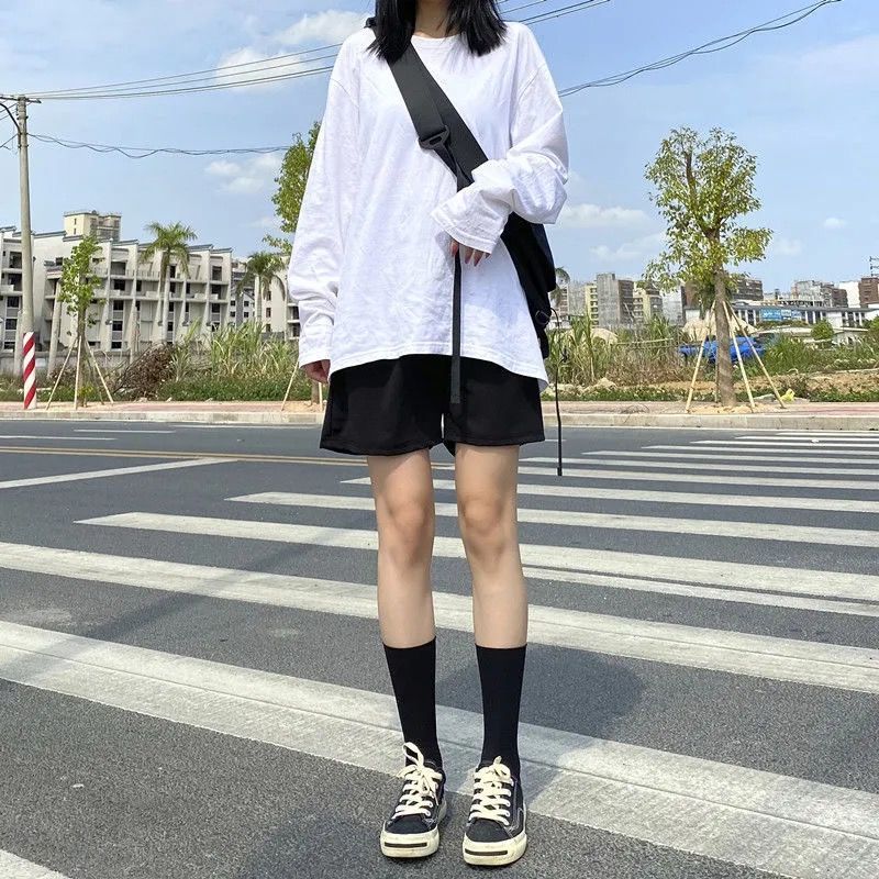 Summer thin cropped shorts women's loose wide legs thin sports versatile student Korean straight casual pants trend