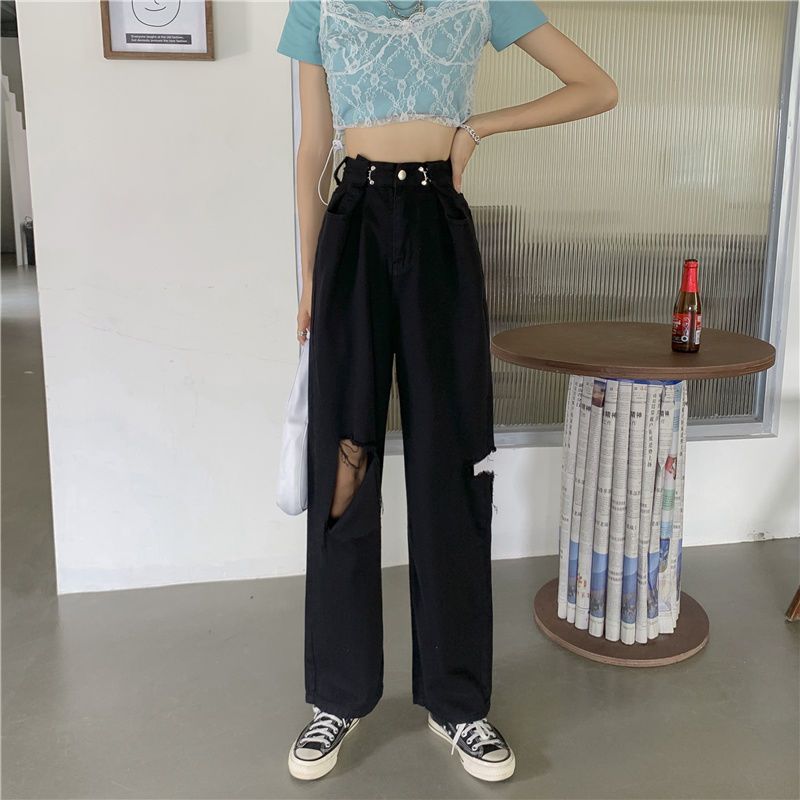 黑色破洞牛仔褲女夏薄款寬鬆年新款高腰顯瘦闊腿chic直筒褲子