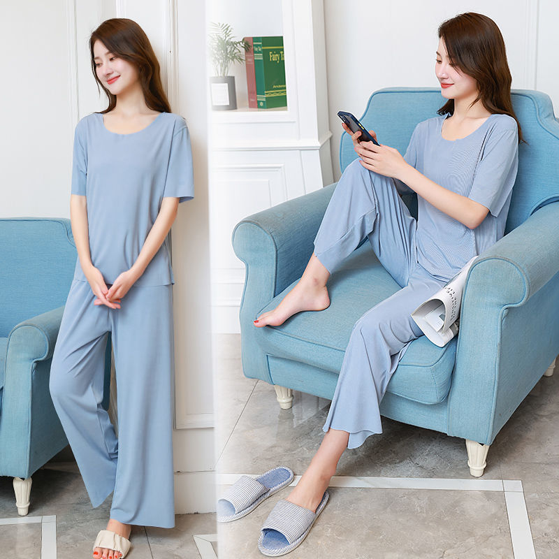 春夏無痕女士短袖套裝睡衣外穿家居服純色涼爽時尚寬鬆闊腿褲套裝
