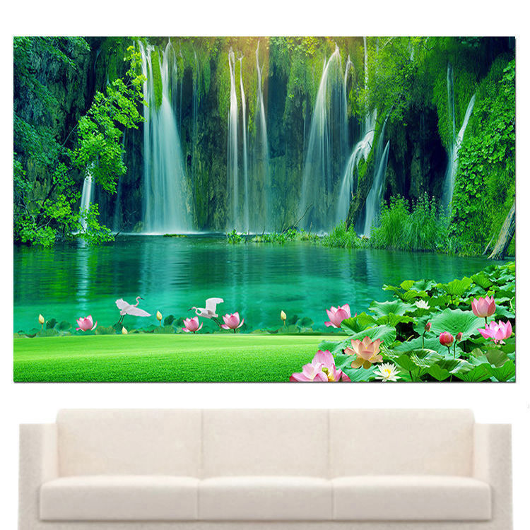 山水风景壁画瀑布流水生财风水画荷花客厅装饰画聚财壁画自粘定制
