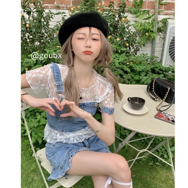 套裝設計感小眾牛仔外穿吊帶馬甲背心+蕾絲內搭學院風甜美辣妹潮