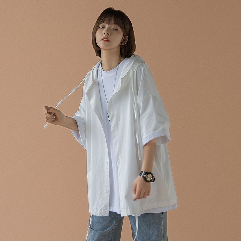 Summer ins Japanese jk hooded short-sleeved shirt women's anti-sun shirt trend Harajuku style loose couple coat