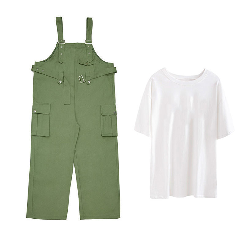 [two piece suit] artistic simple loose thin girlfriends short sleeve T-shirt straight tube suspender pants suspender pants