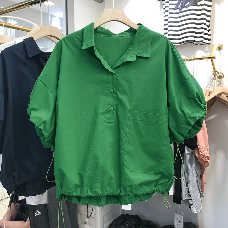 Solid color shirt women's mid-sleeve 2023 summer new design sense niche top chic foreign style small shirt Korean shirt