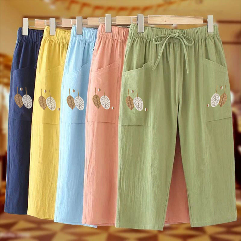 Pure cotton embroidered casual pants women's 2023 spring and summer new loose and thin elastic high waist large size cropped straight pants