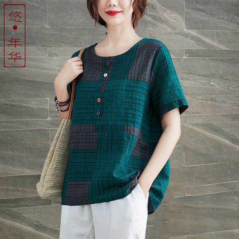 棉麻復古文藝上衣2023夏裝新款格子寬鬆女裝體恤百搭時尚短袖T恤