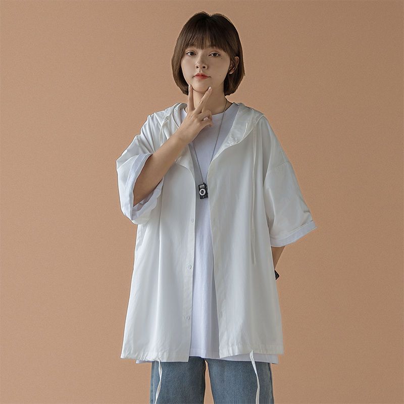 Summer ins Japanese jk hooded short-sleeved shirt women's anti-sun shirt trend Harajuku style loose couple coat