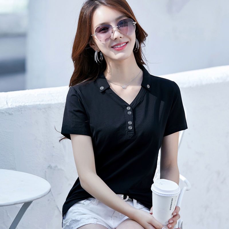 翻領t恤女夏小眾polo衫帶領短袖半袖v領顯瘦氣質小衫有領上衣女款