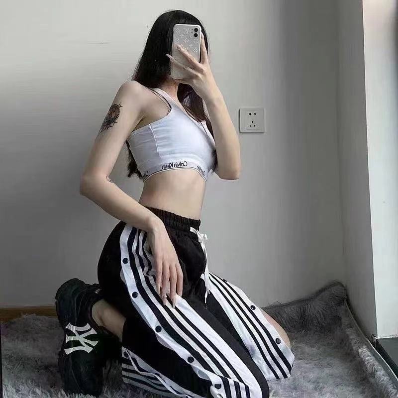 Thin breasted pants male and female students wide leg straight trousers Korean version ins loose side breasted pants