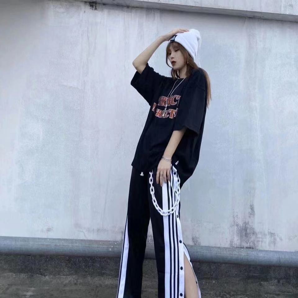 Thin breasted pants male and female students wide leg straight trousers Korean version ins loose side breasted pants