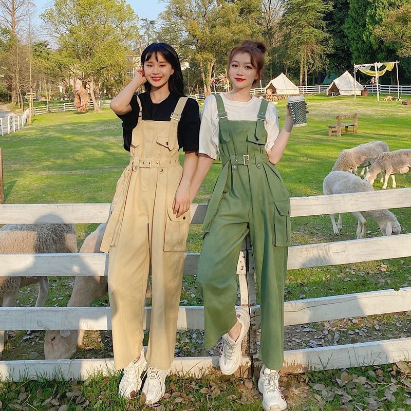 [two piece suit] artistic simple loose thin girlfriends short sleeve T-shirt straight tube suspender pants suspender pants