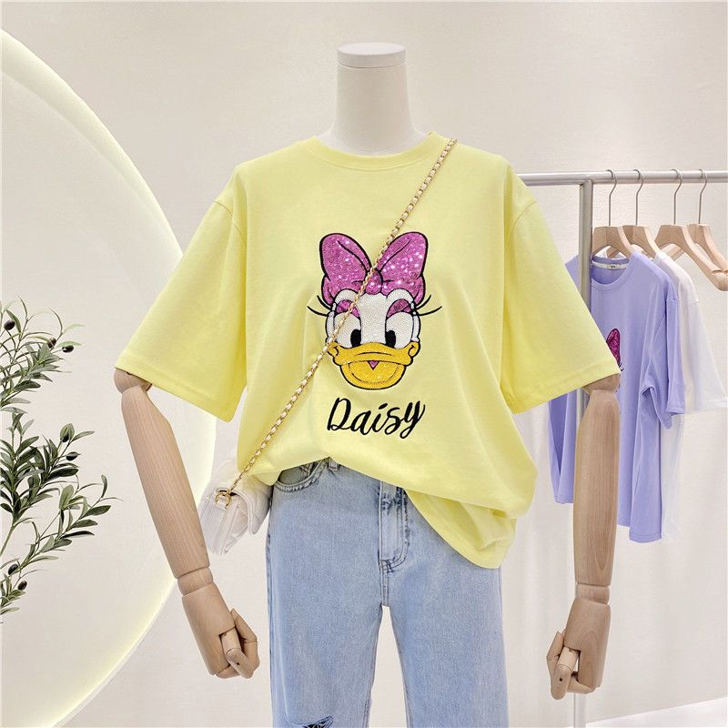 Short-sleeved t-shirt women's summer 2021 new Korean version of ins tide cartoon loose heavy industry sequined duck half-sleeved top clothes