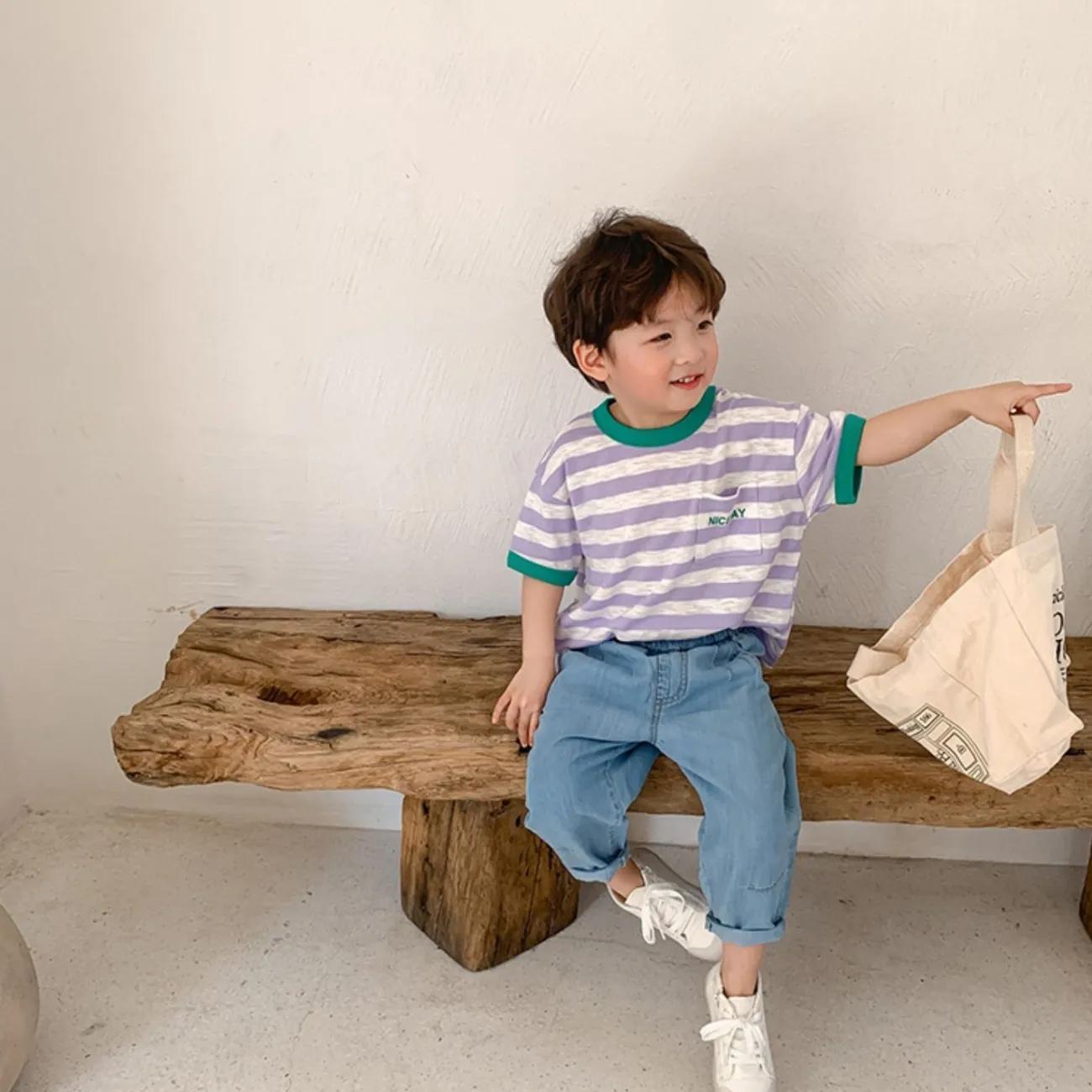 Children's clothing children's baby bamboo cotton top boys and girls Korean version of the contrast color T-shirt short sleeve 2021 summer new half-sleeved