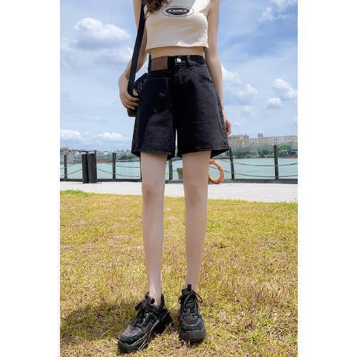 Black wide-leg denim shorts women's loose Korean version high waist slim straight five-point pants 2023 summer new trend