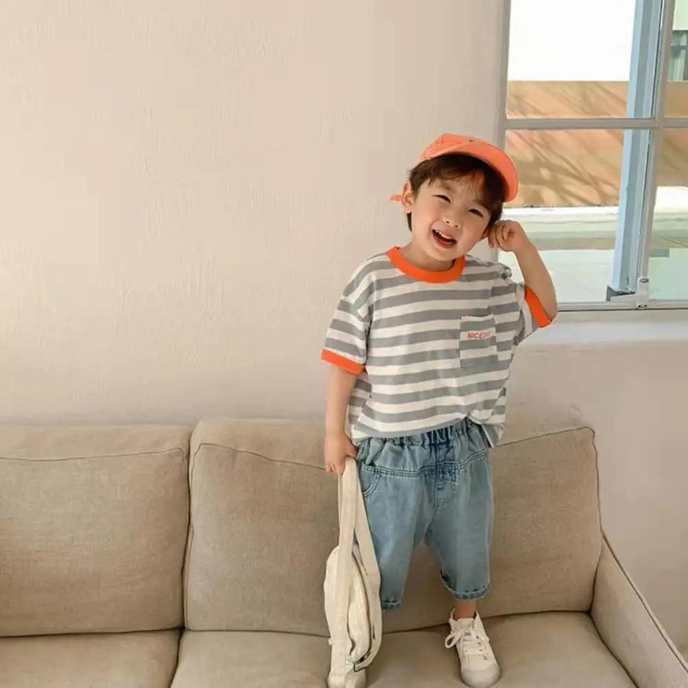 Children's clothing children's baby bamboo cotton top boys and girls Korean version of the contrast color T-shirt short sleeve 2021 summer new half-sleeved