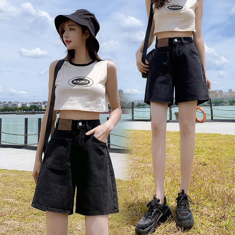 Black wide-leg denim shorts women's loose Korean version high waist slim straight five-point pants 2023 summer new trend