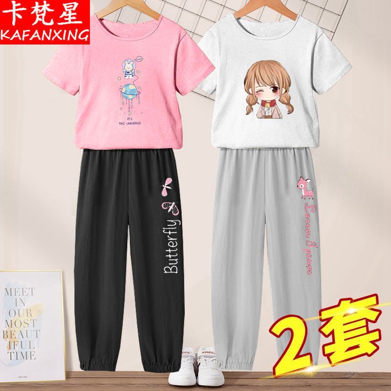 女童新款純棉短袖套裝2023夏季兒童中大童寬鬆t恤運動褲兩套裝潮