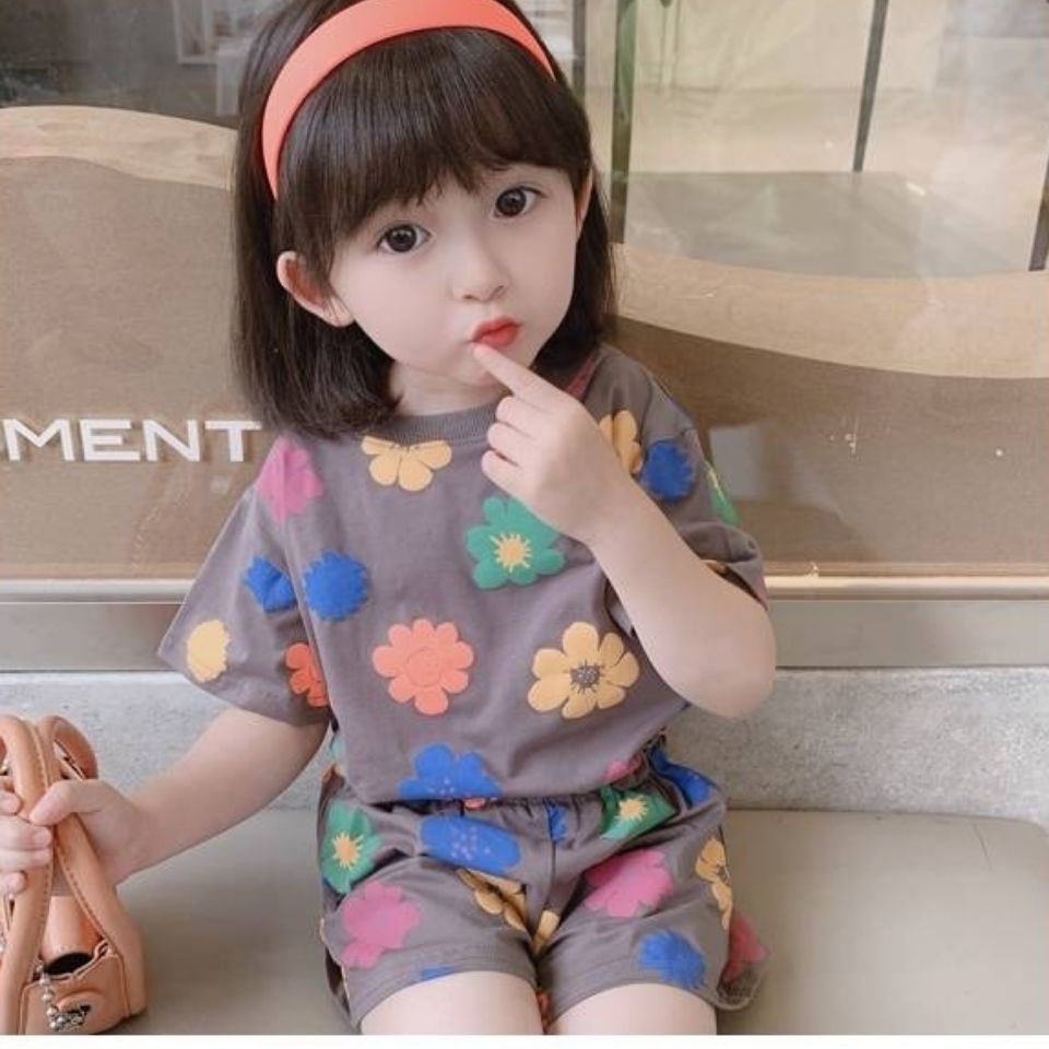 Girls summer flower suit  new Korean version of children's net red foreign gas baby girl summer short sleeve two-piece set
