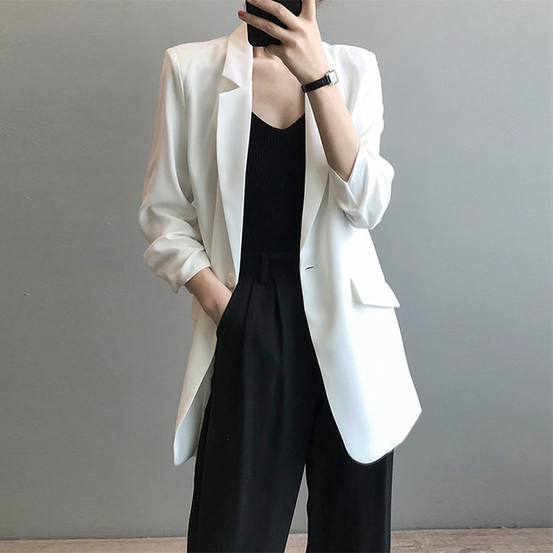 Chiffon small suit jacket women's thin section summer drape loose net red casual mid-length white suit jacket