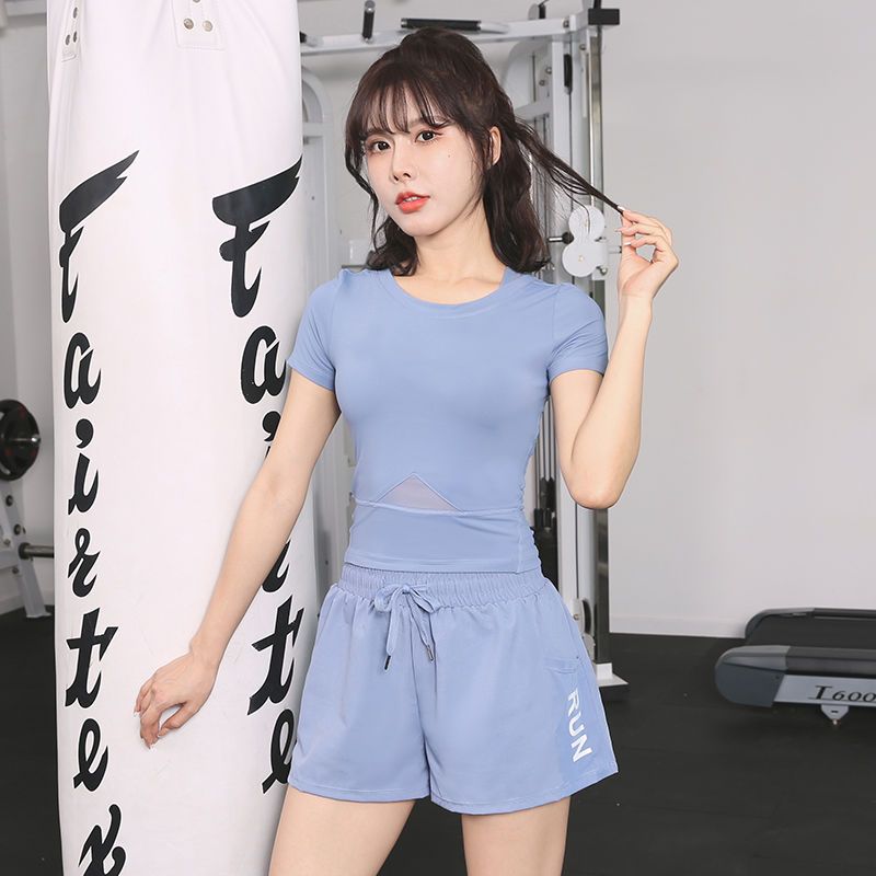 帶胸墊瑜伽上衣運動t恤短袖女夏薄款透氣跑步速干套裝訓練健身服