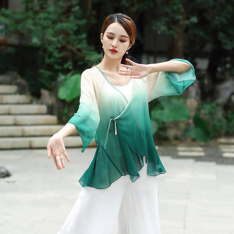 古典舞身韵渐变纱衣舞蹈服装女飘逸仙气中国舞练功服上衣演出基训 虎窝拼