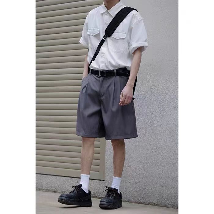 夏季薄款西装短裤日系宽松直筒复古cityboy基础西装五分短裤男女